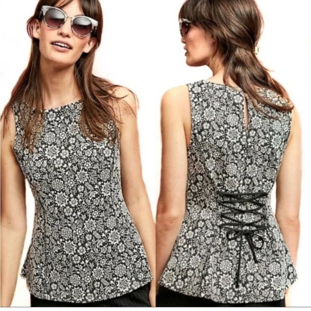 Anthropologie Vanessa Virginia Corseted Jacquard Top Peplum Lace Up S Boho Fairy